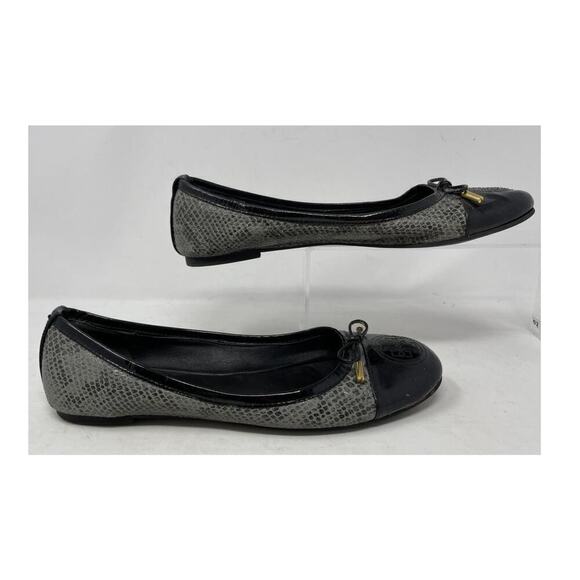 Tory Burch Work Size 9.5 Verbena Gray Black Snake Print Patent Leather Flats - Picture 8 of 9